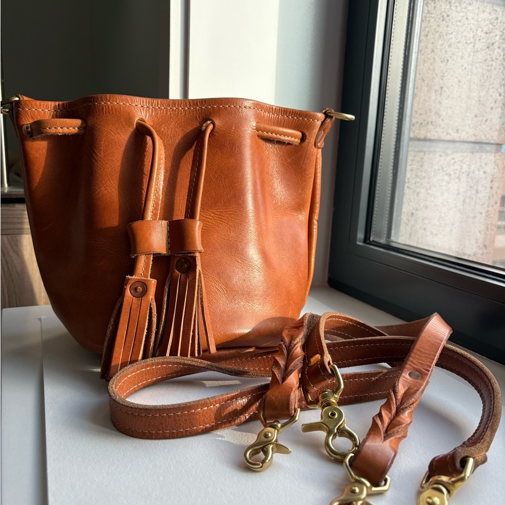 KMM & Co Horween natural Dublin Mini bucket with fixed length sewn straps